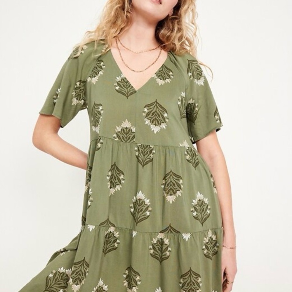 Old Navy Olive Floral V-Neck Mini Swing Dress Size Small